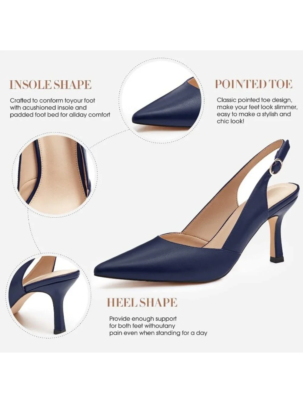 Women's Navy Pu Slingback Kitten Heel Closed Pointed Toe Party Dress Pumps Shoes